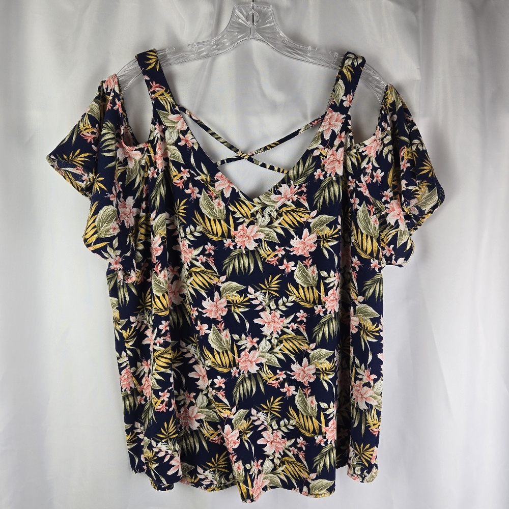 Flower & Feather Tropical Floral Cold Shoulder Flutter Sleeve Gauzy Top Plus 3X